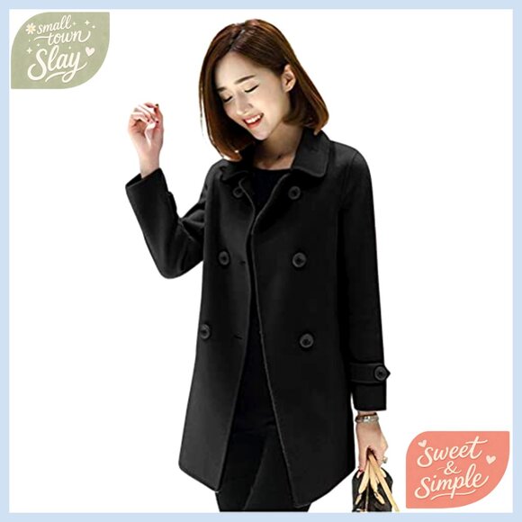 Women's Wool Pea Coat Double Breasted Classic Fit Long Sleeve Jacket - Picture 3 of 6